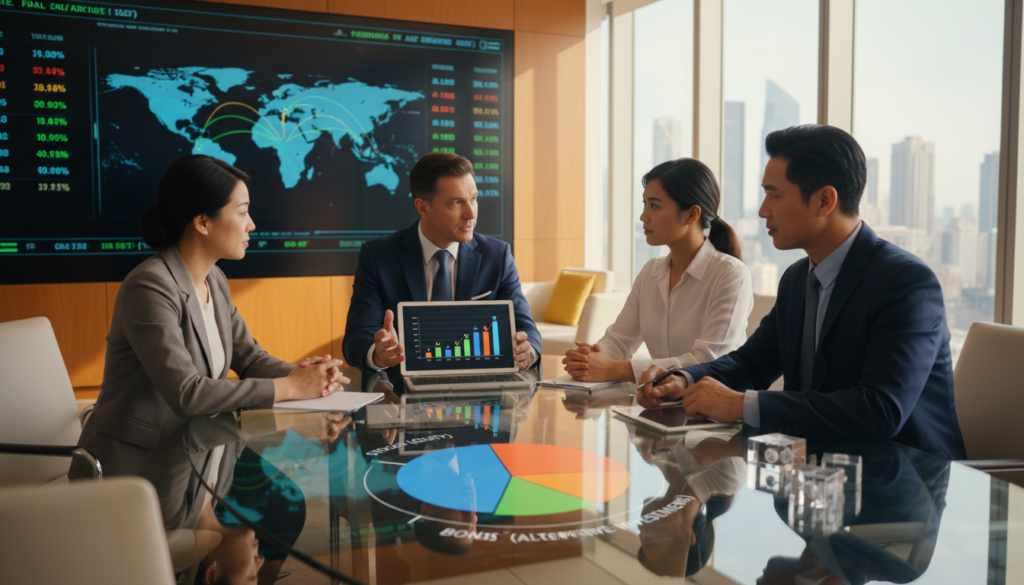 A detailed and visually balanced composition illustrating asset allocation. In the foreground, display a sophisticated financial advisor in professional business attire, engaged in a discussion with a diverse group of clients around a sleek conference table filled with colorful pie charts and graphs representing different asset classes such as stocks, bonds, and real estate. In the middle ground, include a large digital screen showing dynamic financial data and trends, casting a soft glow. The background features a modern office environment with large windows, allowing natural light to flood in, creating an upbeat and motivational atmosphere. Use a warm color palette to evoke a sense of trust and professionalism, with a focus on clarity and visual appeal.