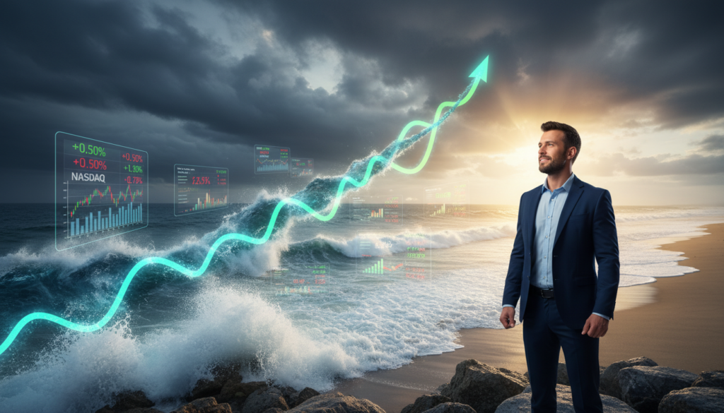 Investor studying stock market charts as he stands on a seashore