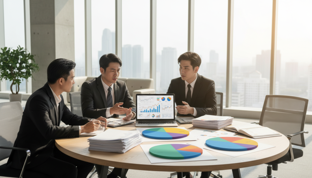 A harmonious scene illustrating the concept of rebalancing in asset allocation, showcasing a diverse group of three professionals—two men and one woman—in smart business attire. In the foreground, they are actively discussing and analyzing financial charts and graphs displayed on a laptop. In the middle ground, a large round table adorned with financial documents and colorful pie charts symbolizes different asset classes, suggesting diversity in investments. The background features a bright, modern office space with large windows, soft natural light illuminating the room, creating an inspiring and focused atmosphere. The camera angle is slightly elevated, providing a dynamic view of the interaction and emphasizing teamwork and strategic planning, evoking a sense of purpose and clarity in financial decision-making.
