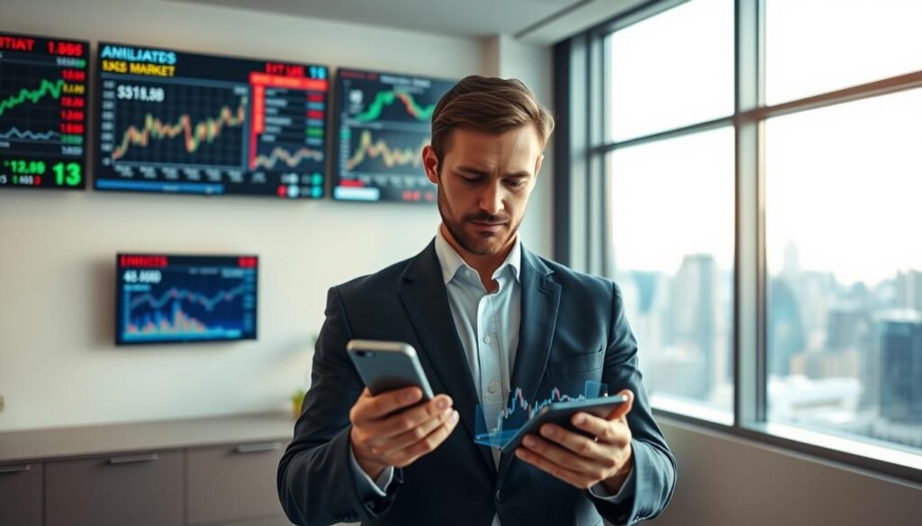 A professional financial advisor, dressed in business attire, stands confidently in the foreground, analyzing a smartphone displaying a graph of fluctuating stock prices. In the middle ground, a clean and modern office environment features a large window showcasing a vibrant city skyline. Behind the advisor, wall-mounted screens show various stock market indices and investment trends. Soft, warm lighting filters through the window, creating a welcoming atmosphere. The scene conveys focus, professionalism, and strategy, reflecting the concept of dollar-cost averaging in a real market context, promoting a sense of informed investment decision-making. The overall mood is optimistic and forward-thinking, emphasizing stability and growth in financial management.
