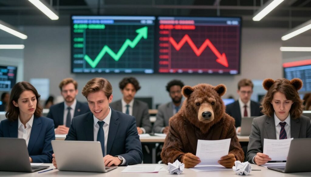 A split-scene illustration depicting investor psychology during bull and bear markets. In the foreground, a diverse group of professional investors dressed in business attire, expressing contrasting emotions. On the left, during a bull market, show confident faces, excitement, and optimism, with upward financial graphs in hand. On the right, during a bear market, portray concerned expressions, with downcast eyes and crumpled papers symbolizing lost investments. The middle ground features a blurred stock market display, combining green rising arrows on one side and red declining ones on the other, highlighting the market's volatility. The background should capture a modern trading floor, illuminated by bright overhead lights, creating an atmosphere of tension and anticipation. Use a wide-angle lens to emphasize the contrast and depth of emotions in the scene.