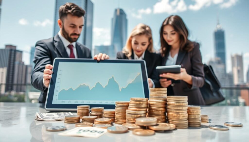 A visually engaging depiction of dollar-cost averaging in investing. In the foreground, a diverse group of four professionals in business attire, two men and two women, are analyzing a financial graph on a digital tablet, showcasing a series of upward and downward trends. In the middle ground, stacks of coins and a few dollar notes lay scattered, symbolizing investments being made over time. The background features a bustling cityscape, with tall buildings and a clear blue sky, representing a dynamic economic environment. The lighting is bright and optimistic, emphasizing a sense of opportunity and growth. The overall mood should feel hopeful and progressive, illustrating the benefits of consistent investment strategies.
