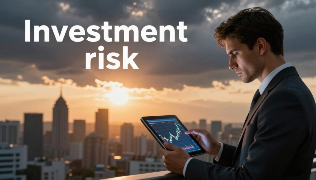 A visually striking illustration of "investment risk," capturing the essence of financial uncertainty. In the foreground, an American business professional in smart attire is contemplating a fluctuating stock chart on a digital tablet, with a serious expression that conveys the weight of decision-making. The middle ground features a blurred city skyline, representing the financial market, with a dramatic sunset illuminating the scene, casting a warm, golden hue. In the background, ominous clouds gather, symbolizing volatility and unpredictability. The lighting is dynamic, highlighting the contrast between the warm tones from the sunset and the cool, shadowy clouds. The atmosphere is tense yet hopeful, emphasizing the importance of understanding risk in investment decisions.
