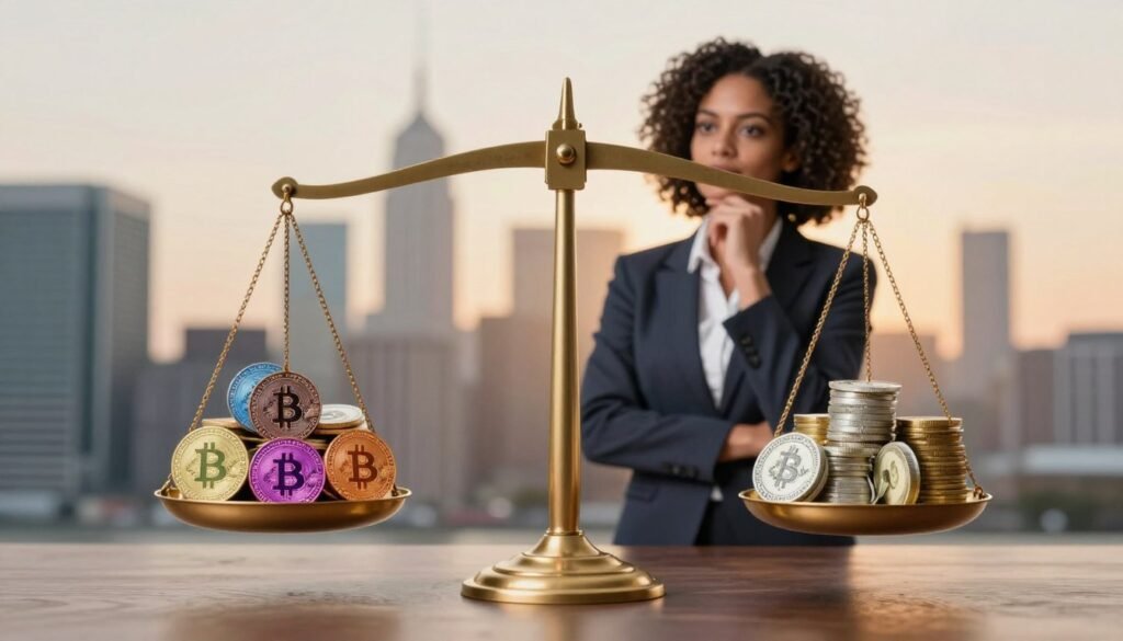 A visually striking representation of the risk-return tradeoff concept, featuring a balanced scale in the foreground, with one side showcasing high-risk investments like stocks and cryptocurrencies in vibrant colors, while the other side displays safer options like bonds and savings accounts in more muted tones. In the middle ground, a confident American businesswoman in professional attire analyzes the scale, thoughtfully considering the implications of her investment choices. The background features a blurred city skyline, symbolizing the financial market landscape, bathed in soft, warm lighting indicating the dawn of new opportunities. The atmosphere is one of contemplation and focus, with soft shadows adding depth. The composition captures the delicate balance between risk and return, emphasizing the need for careful investment choices.