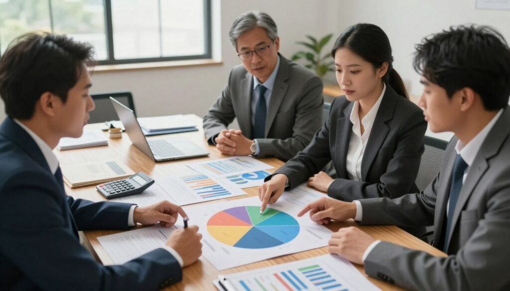 A well-organized desk setting representing the concept of asset allocation. In the foreground, a diverse group of three American professionals in business attire analyze a multi-colored pie chart displaying various asset classes like stocks, bonds, and real estate. Each professional is engaged in discussion, pointing at different sections of the chart. The middle layer features a large wooden table cluttered with financial reports, a laptop, and a calculator, underpinning the focus on investment strategy. In the background, a bright office space with large windows allowing natural light to flood in, accentuating a productive atmosphere. The mood is serious yet collaborative, symbolizing teamwork and strategic planning for long-term financial success. Soft, focused lighting highlights the expressions of concentration on the professionals' faces.