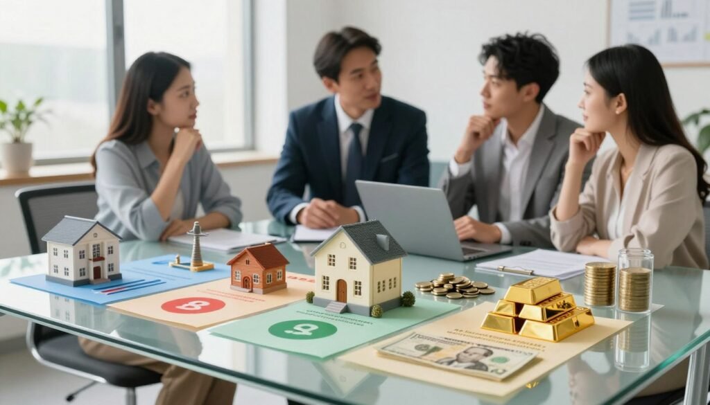 An artistic representation of asset allocation, showcasing a diverse array of financial assets artistically arranged on a sleek glass table. In the foreground, neatly organized sections featuring stocks, bonds, real estate, and commodities represented by visually striking symbols or small items (like miniature buildings, gold bars, and currency). In the middle ground, an American financial advisor in professional business attire discusses the asset allocation strategy with a couple sitting across from them, their expressions thoughtful and engaged. In the background, a modern office setting with large windows letting in natural light, emphasizing a bright and optimistic atmosphere. The soft lighting highlights the textures and details of the financial assets, creating an inviting yet professional mood.