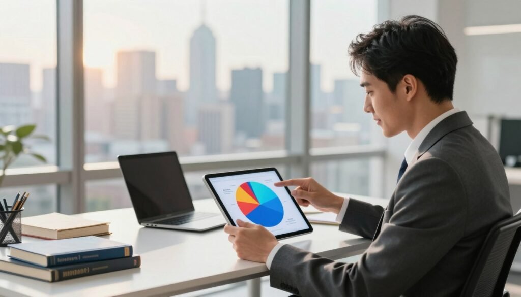 Man looking at investment pie chart